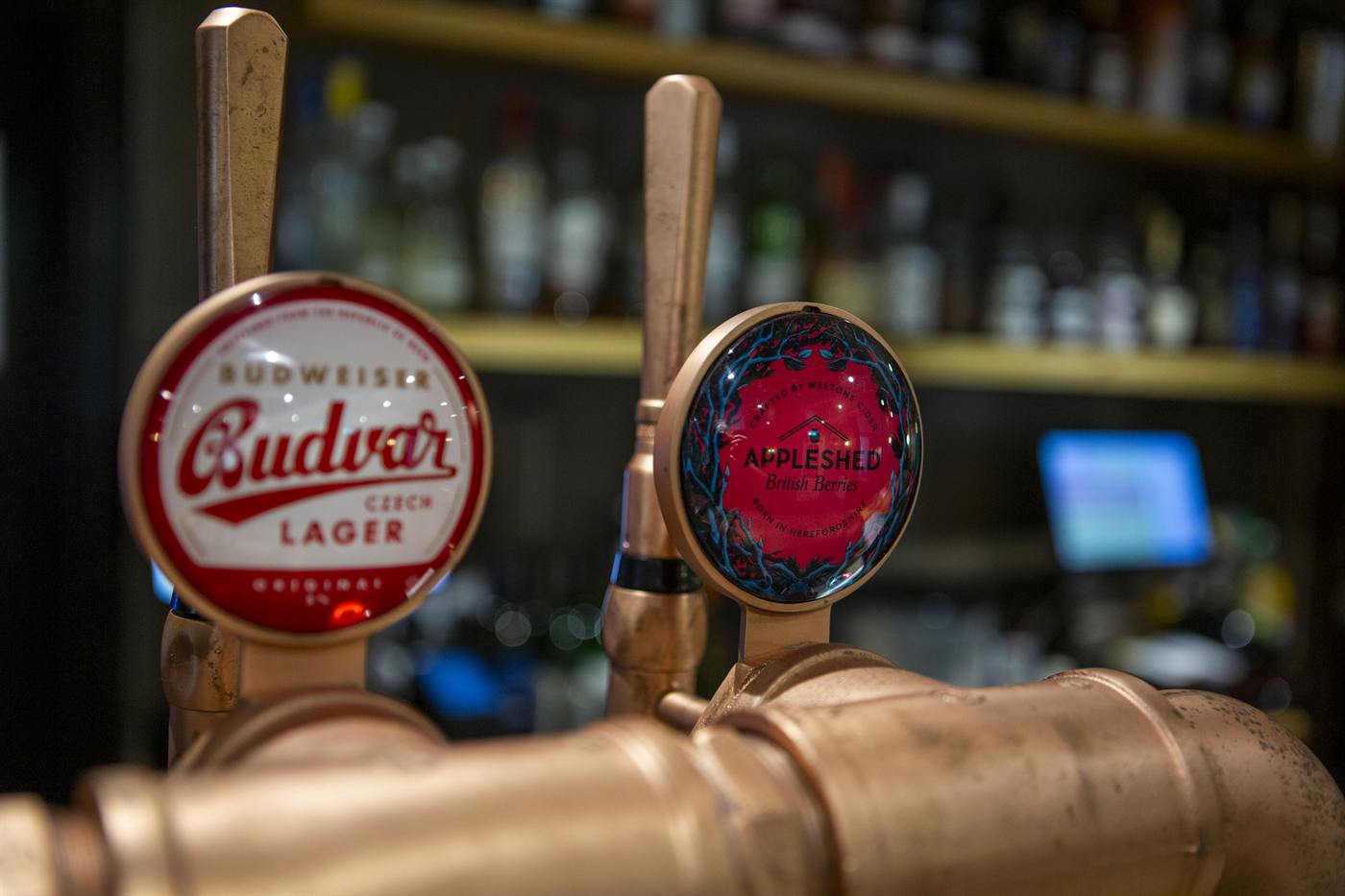 Budvar and other beer pumps on the bar